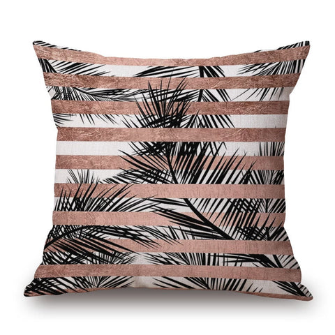 Stripes Leaves On Cotton Linen Pillow Cover