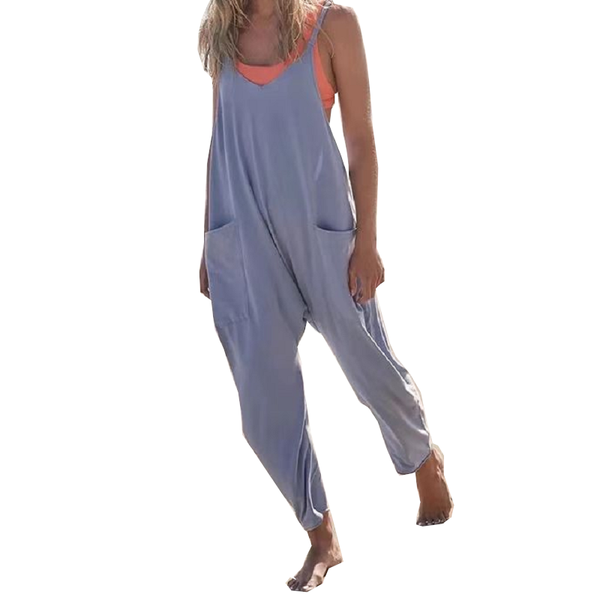 Summer Women's Loose Sleeveless Jumpsuits Spaghetti Strap Long Pant Romper With Pockets