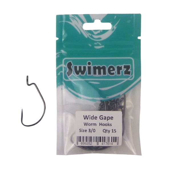 Swimerz 3/0 Wide Gape Worm Hook Black Nickel Qty 15 Hooks