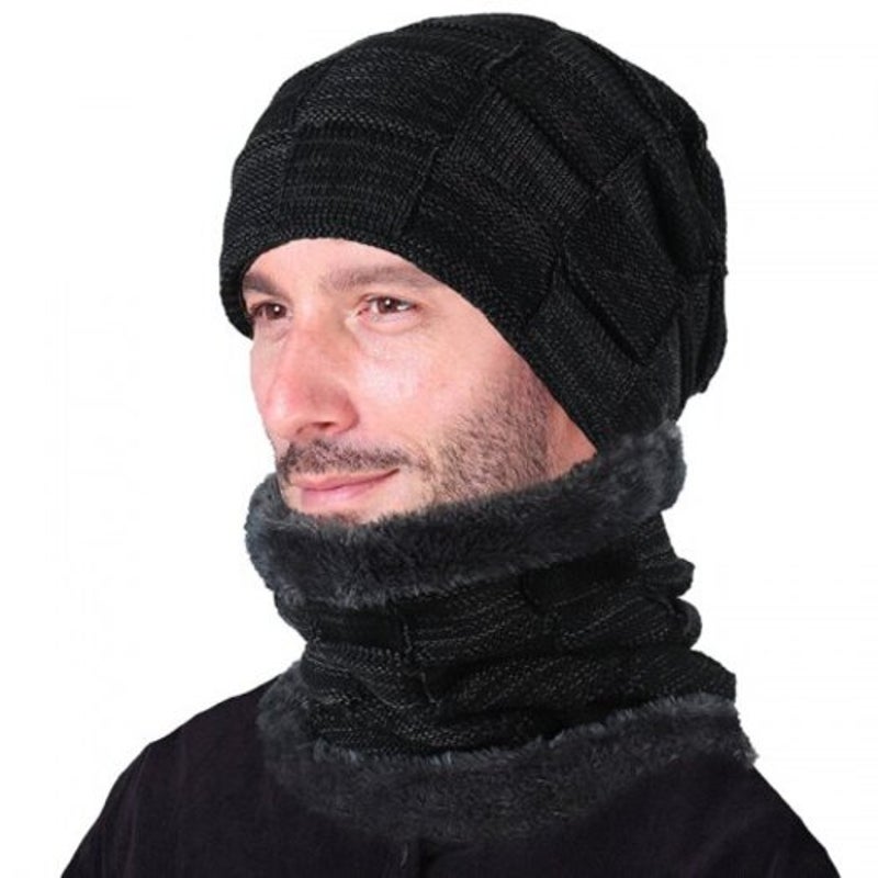 T0174 Men's Fall Winter Keep Warm Hat Set With Scarf Checkered Thick Design Skullies Beanie Black Beanies