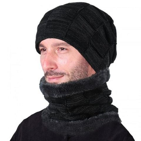 T0174 Men's Fall Winter Keep Warm Hat Set With Scarf Checkered Thick Design Skullies Beanie Black