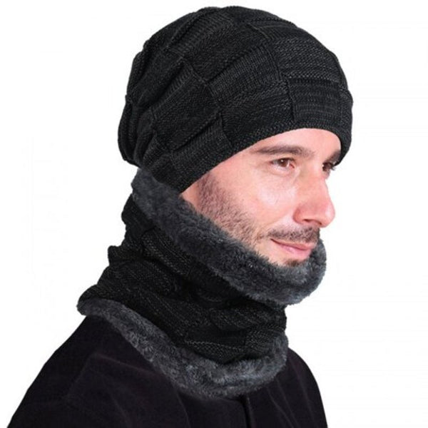T0174 Men's Fall Winter Keep Warm Hat Set With Scarf Checkered Thick Design Skullies Beanie Black Beanies