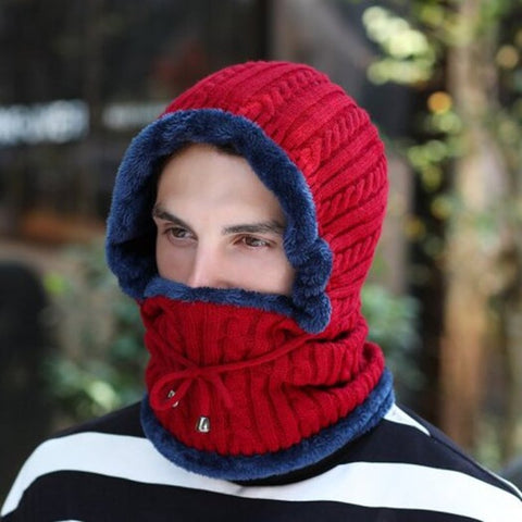 T0175 Men Stripe Keep Warm Hat Rider Ear Mouth Protective Knit Headgear Mask Red Wine