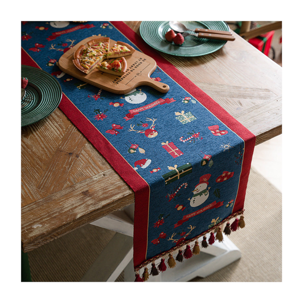 Blue Christmas Festive Table Runner With Snowman Reindeer And Happy Holidays (35*240Cm) Table Runners