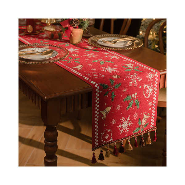Red Christmas Table Runner With Tassels Festive Snowflake & Bell Print (35*200Cm) Table Runners
