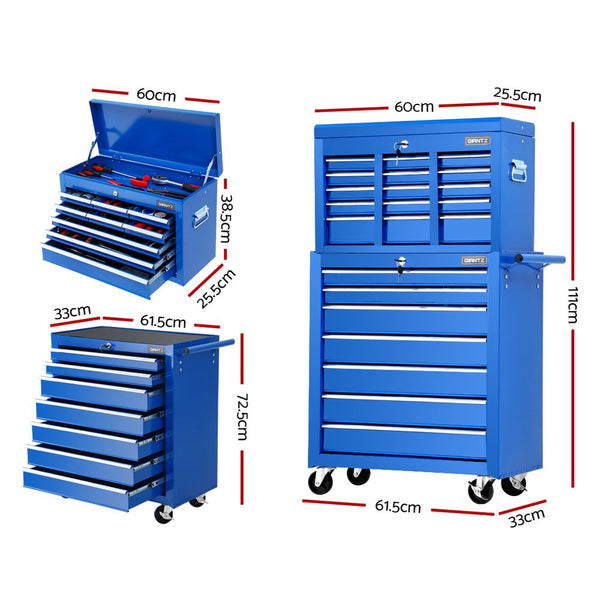 Giantz Tool Chest And Trolley Box Cabinet 16 Drawers Cart Garage Storage Blue Tool Boxes