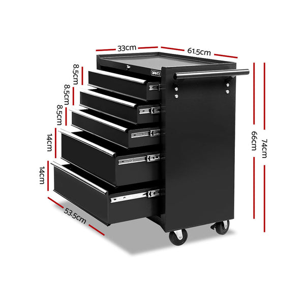 Giantz 5 Drawer Mechanic Tool Box Cabinet Storage Trolley Black Tool Cabinets & Cupboards