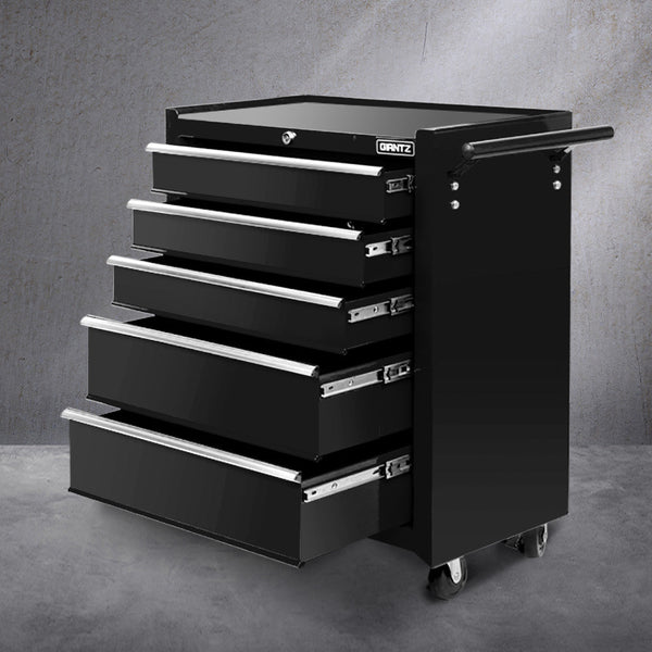 Giantz 5 Drawer Mechanic Tool Box Cabinet Storage Trolley Black Tool Cabinets & Cupboards