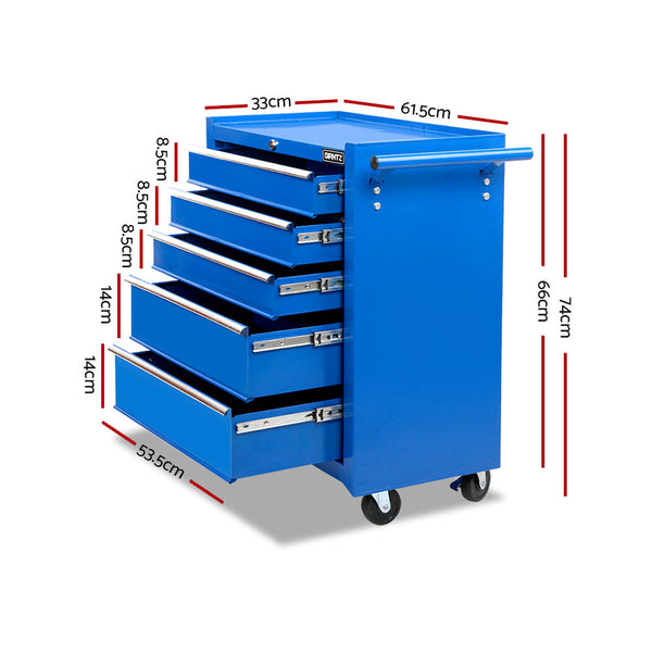 Giantz 5 Drawer Mechanic Tool Box Cabinet Storage Trolley Blue Heavy Duty Large Tool Boxes