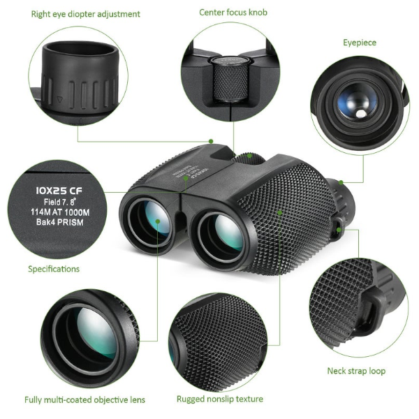 Telescopes 10X25 Folding High Power Compact Binoculars Suitable For Adults And Children Low Light Clear Night Vision Bird Watching Outdoor Sports Games Concerts