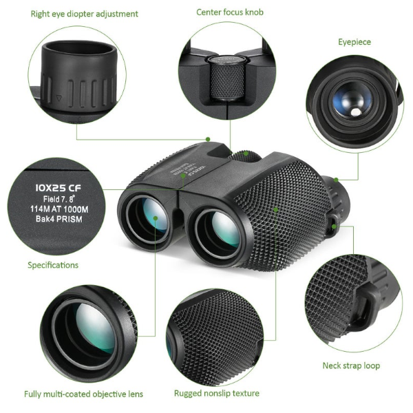 Telescopes 10X25 Folding High Power Compact Binoculars Suitable For Adults Children Low Light Clear Night Vision Bird Watching Outdoor Sports Games Co