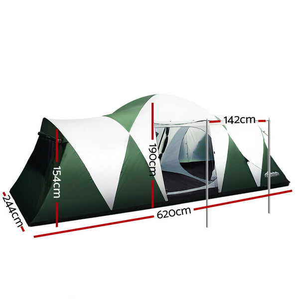 Weisshorn Family Camping Tent 12 Person Hiking Beach (3 Rooms) Green Tents