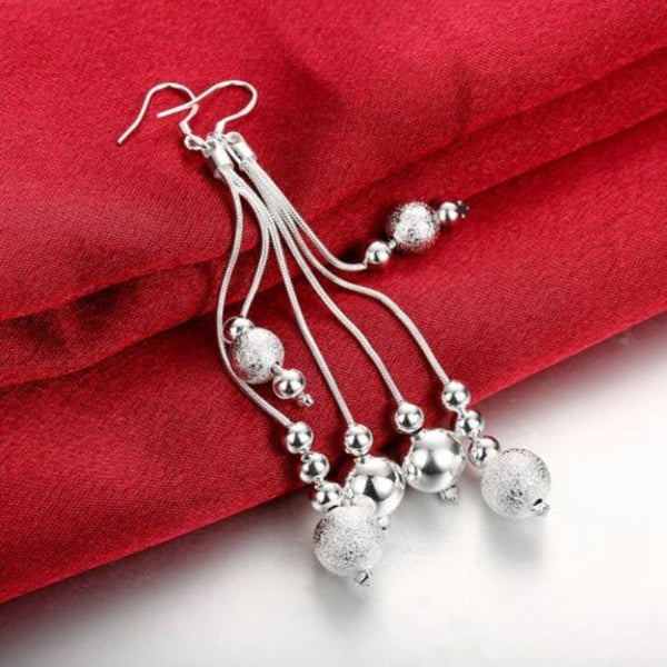 Three Line Multi Bead Earrings Silver Drip Shaped Simple Long