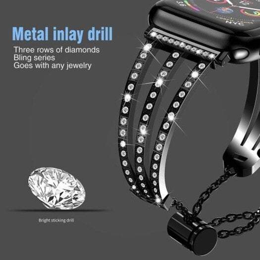 Mobile Phone Three Row Diamonds Adjustment Chain For Apple Watch 1 2 3 4 Black