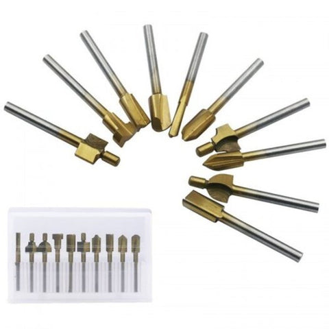 Titanium Plated Grinding Set Woodworking Trimmer Engraving Machine Pattern Milling Cutter 10Pcs Multi A