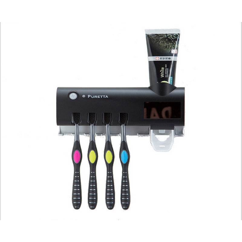 Toothbrush Sanitizer Sterilizer Holder With Led Uv Light Sterilization Functionwall Mounted Automatic Toothpaste Dispenser Black Tumblers & Toothbrush