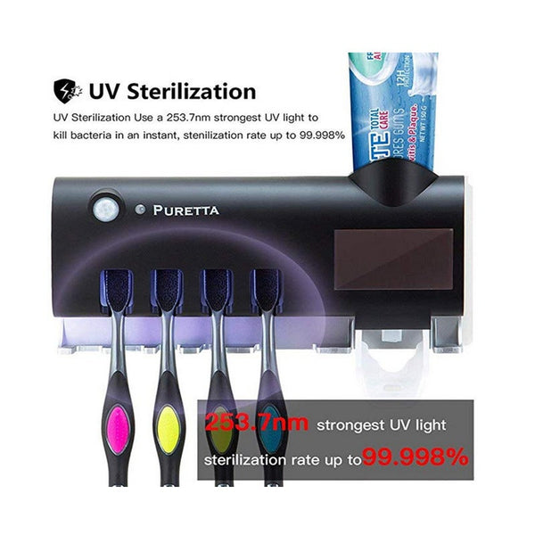 Toothbrush Sanitizer Sterilizer Holder With Led Uv Light Sterilization Functionwall Mounted Automatic Toothpaste Dispenser Black Tumblers & Toothbrush