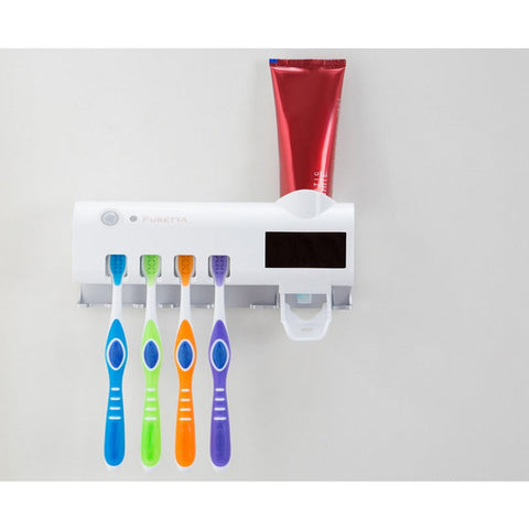 Toothbrush Sanitizer Sterilizer And Holder With Led Uv Light Sterilization Functionwall Mounted Automatic Toothpaste Dispenser White