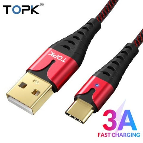Led 3A Micro Usb Type C Fast Charging Cable For S10 Huawei P30 Pro Mobile Phonecharger Red 1M