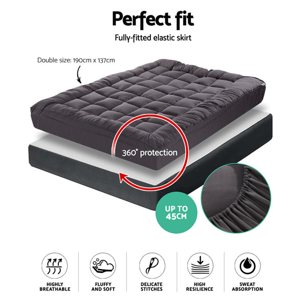 Giselle Double Mattress Topper Pillowtop 1000Gsm Charcoal Microfibre Bamboo Fibre Filling Protector Mattress Toppers & Protectors
