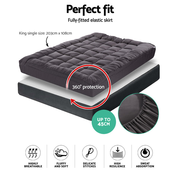 Giselle King Single Mattress Topper Pillowtop 1000Gsm Charcoal Microfibre Bamboo Fibre Filling Protector Mattress Toppers & Protectors
