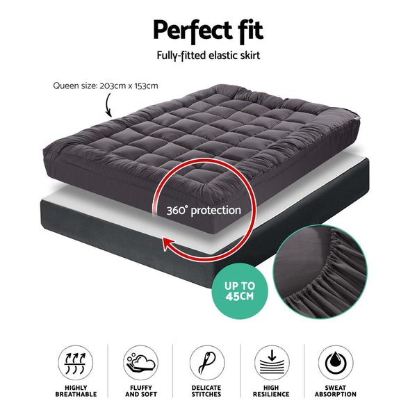 Giselle Queen Mattress Topper Pillowtop 1000Gsm Charcoal Microfibre Bamboo Fibre Filling Protector Mattress Toppers & Protectors