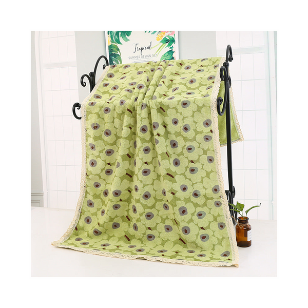 Green Floral Lace Trim Towel Set Ultra Soft Absorbent Coral Fleece Bath & Face Towels & Washcloths