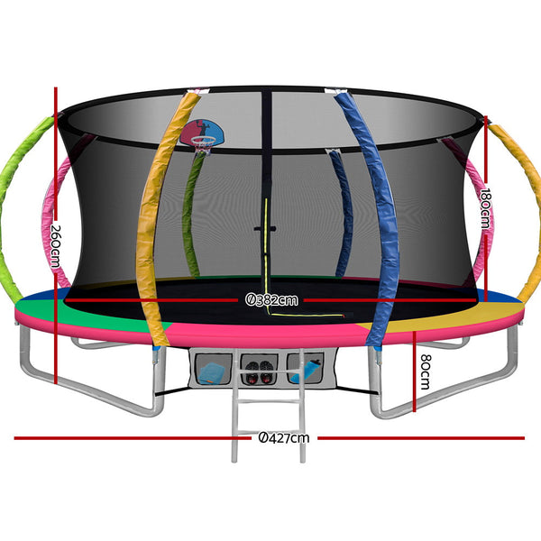 14Ft Round Trampolines With Basketball Hoop Kids Enclosure Safety Net Pad Outdoor Multi-Coloured