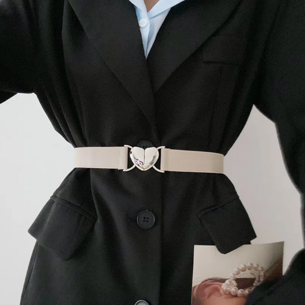 Trendy Thin Elastic Stretch Waistband Female Love Heart Metal Buckle Belt For Women Dresses