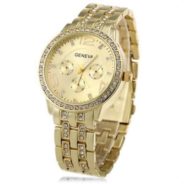 Veile Studios Tuhao Golden Watch With Diamonds Round Dial And Steel Band For Women Watches
