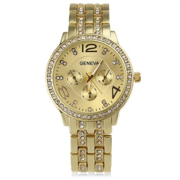 Veile Studios Tuhao Golden Watch With Diamonds Round Dial And Steel Band For Women Watches