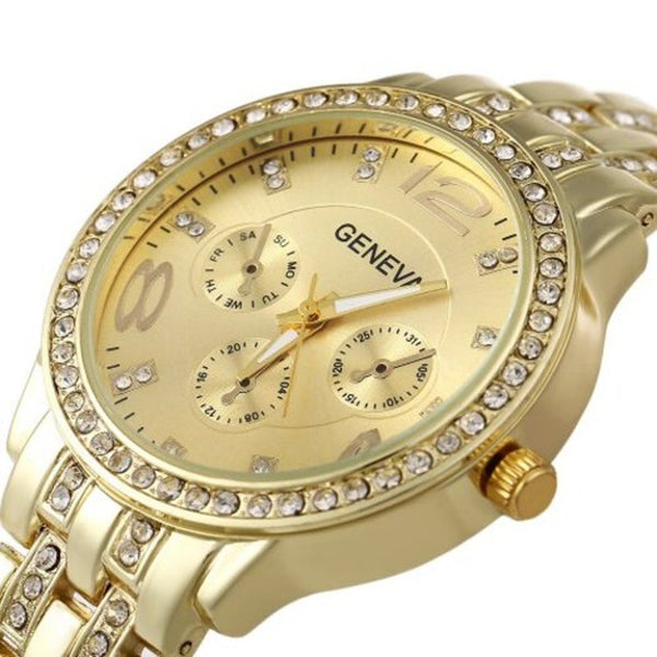 Veile Studios Tuhao Golden Watch With Diamonds Round Dial And Steel Band For Women Watches