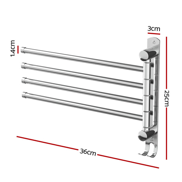 Devanti Towel Rail Rack Holder 4 Bars Wall Mounted Stainless Steel Swivel Hook Towel Racks