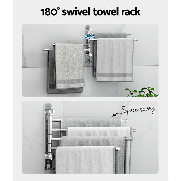 Devanti Towel Rail Rack Holder 4 Bars Wall Mounted Stainless Steel Swivel Hook Towel Racks