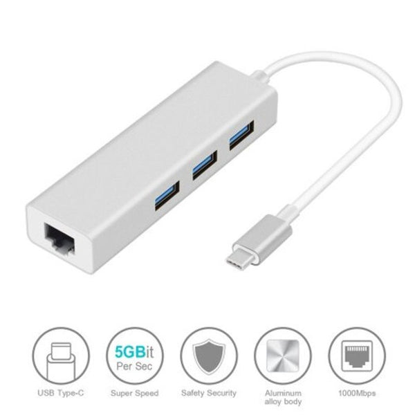Type C 3Port Usb 3.0 Hub With Gigabit Ethernet Adapter Silver Usb Cables Hubs & Adapters