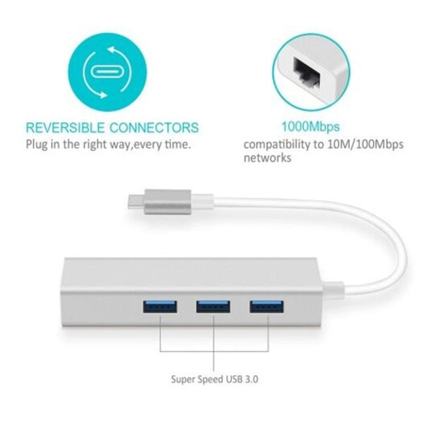 Type C 3Port Usb 3.0 Hub With Gigabit Ethernet Adapter Silver Usb Cables Hubs & Adapters