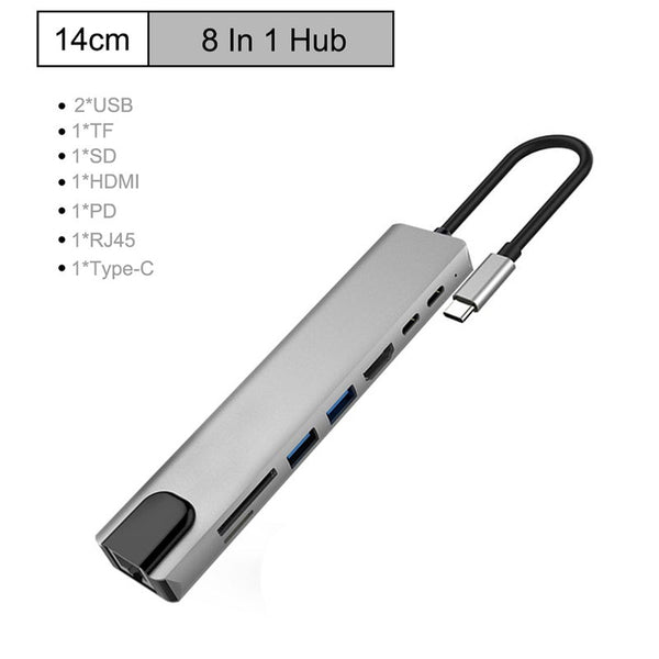 Type C To Multi Usb 3.0 4Khdmi Ethernet Rj45 Lan Adapter With Tfsd Slot 8 In 1 Port Usb Cables Hubs & Adapters