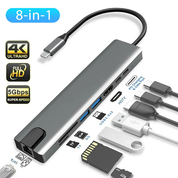 Type C To Multi Usb 3.0 4Khdmi Ethernet Rj45 Lan Adapter With Tfsd Slot 8 In 1 Port Usb Cables Hubs & Adapters