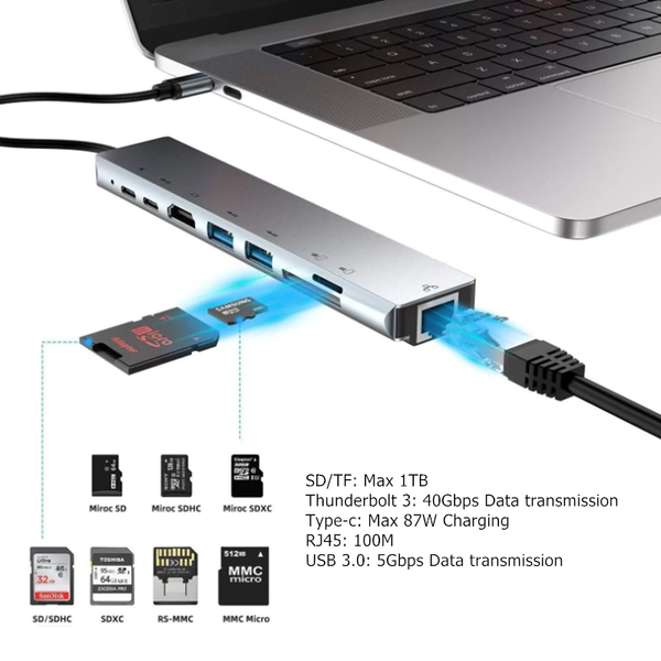 Type C To Multi Usb 3.0 4Khdmi Ethernet Rj45 Lan Adapter With Tfsd Slot 8 In 1 Port Usb Cables Hubs & Adapters