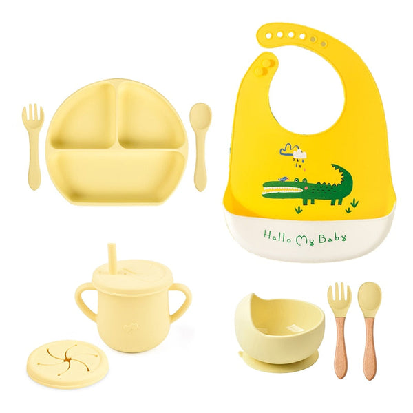 Cute Silicone Baby Feeding Tableware Bibs Cups Bowls Cutlery