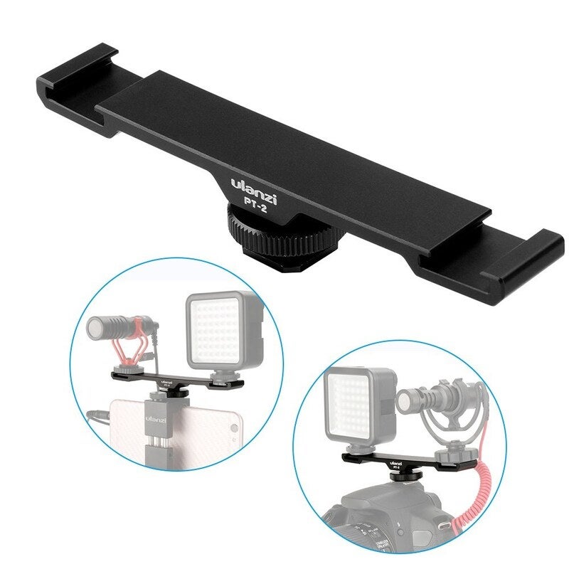 Pt2 Double Hot Shoe Mount Extension Bar Dual Bracket With 1/4" Thread For Mic/ Lights Other Cameras Accessories