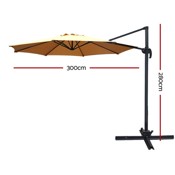 Instahut 3M Outdoor Umbrella Cantilever 360 Degree Tilt Beach Roma Beige Patio Umbrellas