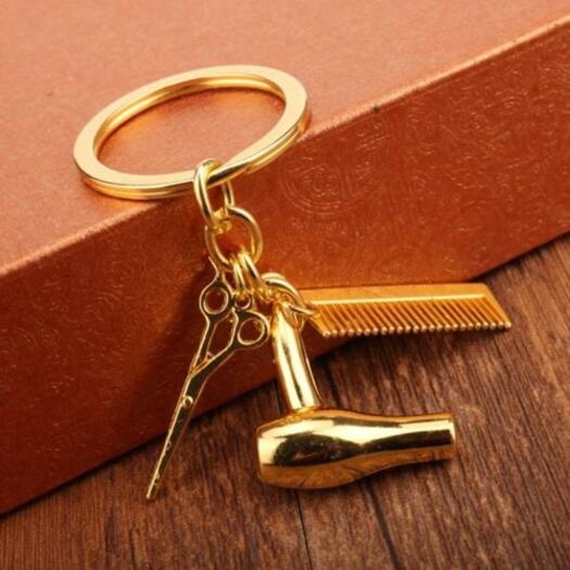Unique Hair Dryer Comb Scissor Style Alloy Key Chain Golden Keyrings