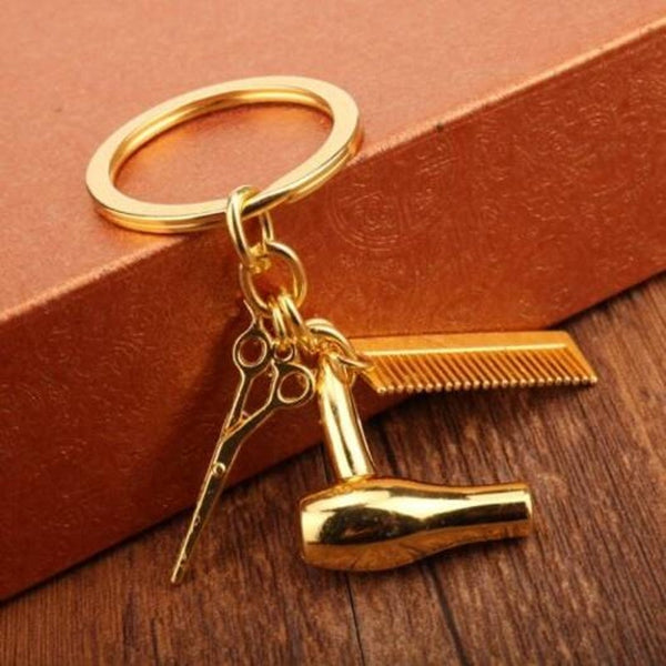 Unique Hair Dryer Comb Scissor Style Alloy Key Chain Golden Keyrings