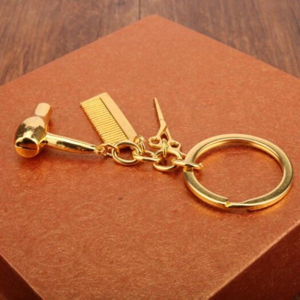 Unique Hair Dryer Comb Scissor Style Alloy Key Chain Golden Keyrings