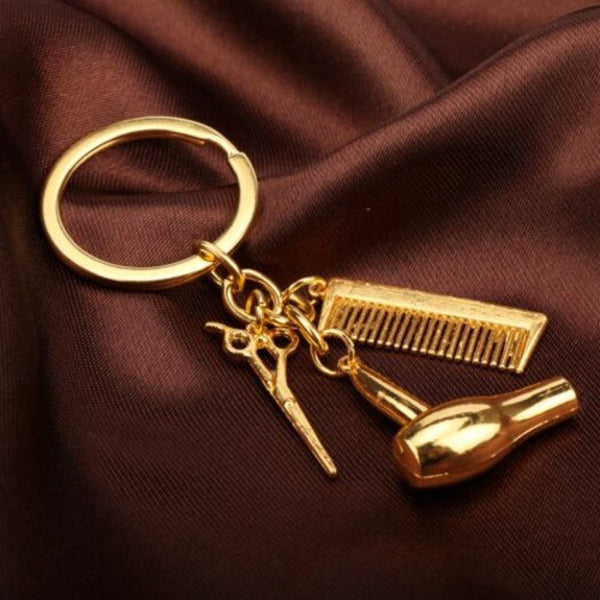 Unique Hair Dryer Comb Scissor Style Alloy Key Chain Golden