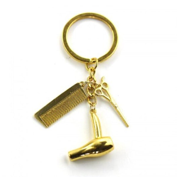 Unique Hair Dryer Comb Scissor Style Alloy Key Chain Golden Keyrings