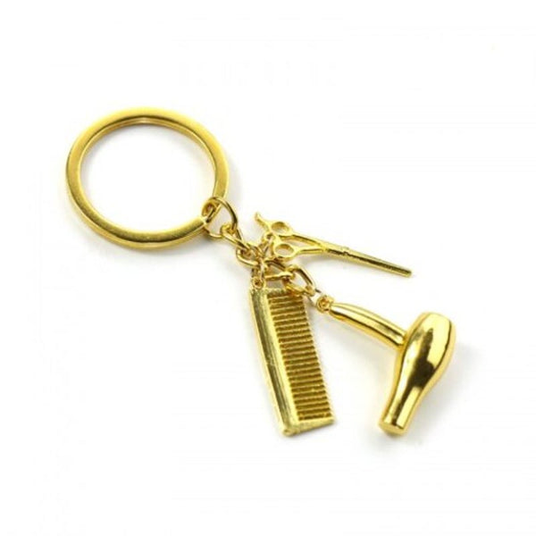 Unique Hair Dryer Comb Scissor Style Alloy Key Chain Golden