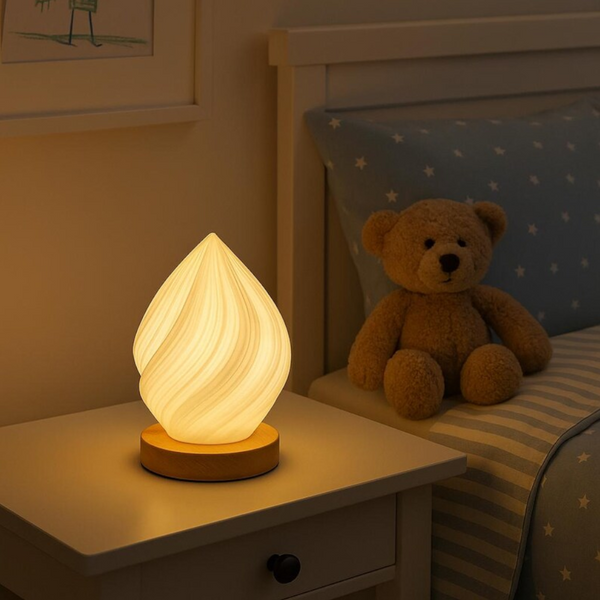 Unique Pleated Design Table Lamp 3D Printed Washable Shade Wooden Base Adjustable Led (Small Peach) Lamps