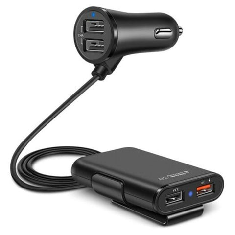 Universal 4 Ports Usb Car Charger Front Back Seat Qc 3.0 Charging With 1.8M Extension Cord Black